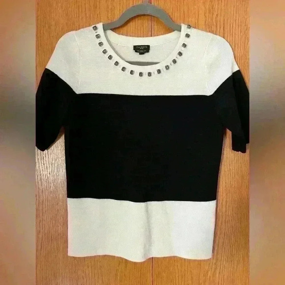 Talbots Merino Wool Short Sleeve Tee Style Sweater Color Block Jewel Trim - Picture 2 of 7